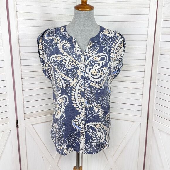Van Heusen Paisley Cap Sleeve Button Front Shirt Blouse Blue XS - Picture 1 of 11